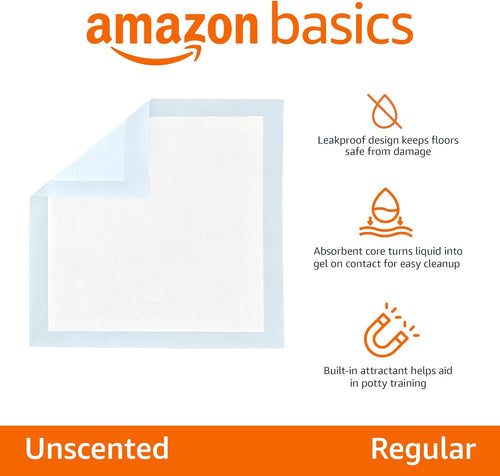 Proof Dog and Puppy Potty Training Pee Pads with Quick-Dry 5-Layer Super Absorbent Design, Regular Size 22 x 22 inch, Blue & White, 100 Count Visit the Amazon Basics Store